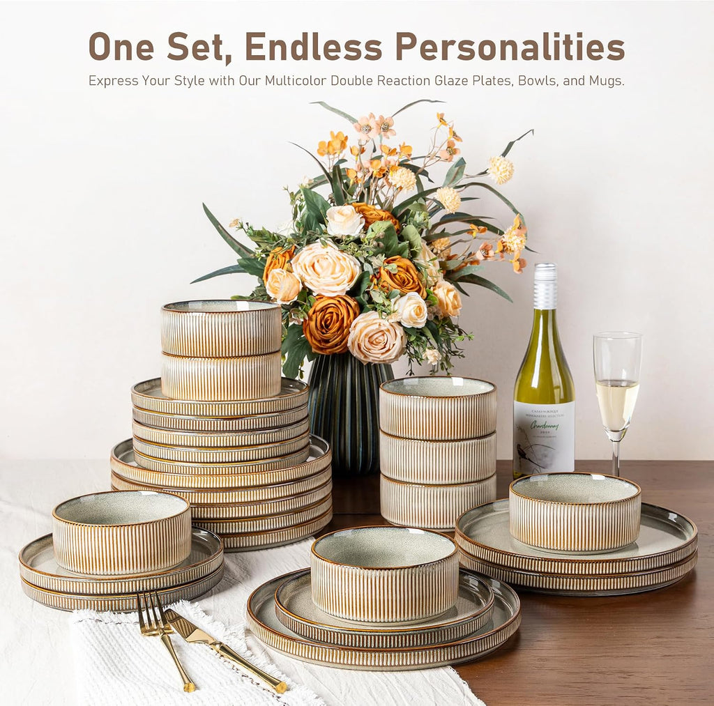 GBHOME 24-Piece Stoneware Dinnerware Set for 8 – Ribbed Ceramic Plates and Bowls, Scratch-Resistant, Microwave & Dishwasher Safe, Reactive Glaze, Reactive Glaze Green Wheat