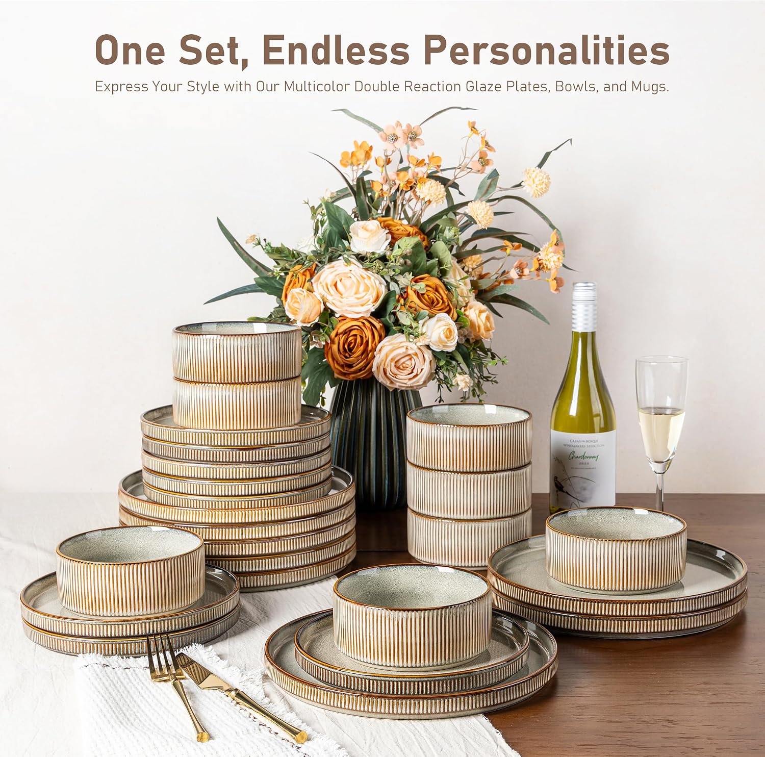 GBHOME 24-Piece Stoneware Dinnerware Set for 8 – Ribbed Ceramic Plates and Bowls, Scratch-Resistant, Microwave & Dishwasher Safe, Reactive Glaze, Reactive Glaze Green Wheat