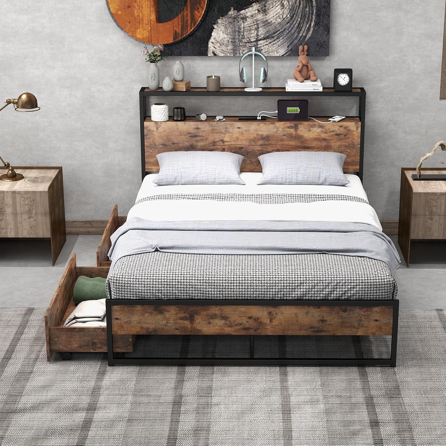 Giantex Full Bed Frame with 2 Storage Drawers and Charging Station, Industrial Platform Bed Frame with 2-Tier Storage Headboard, Rustic Metal Slats Support Mattress Foundation, No Box Spring Needed