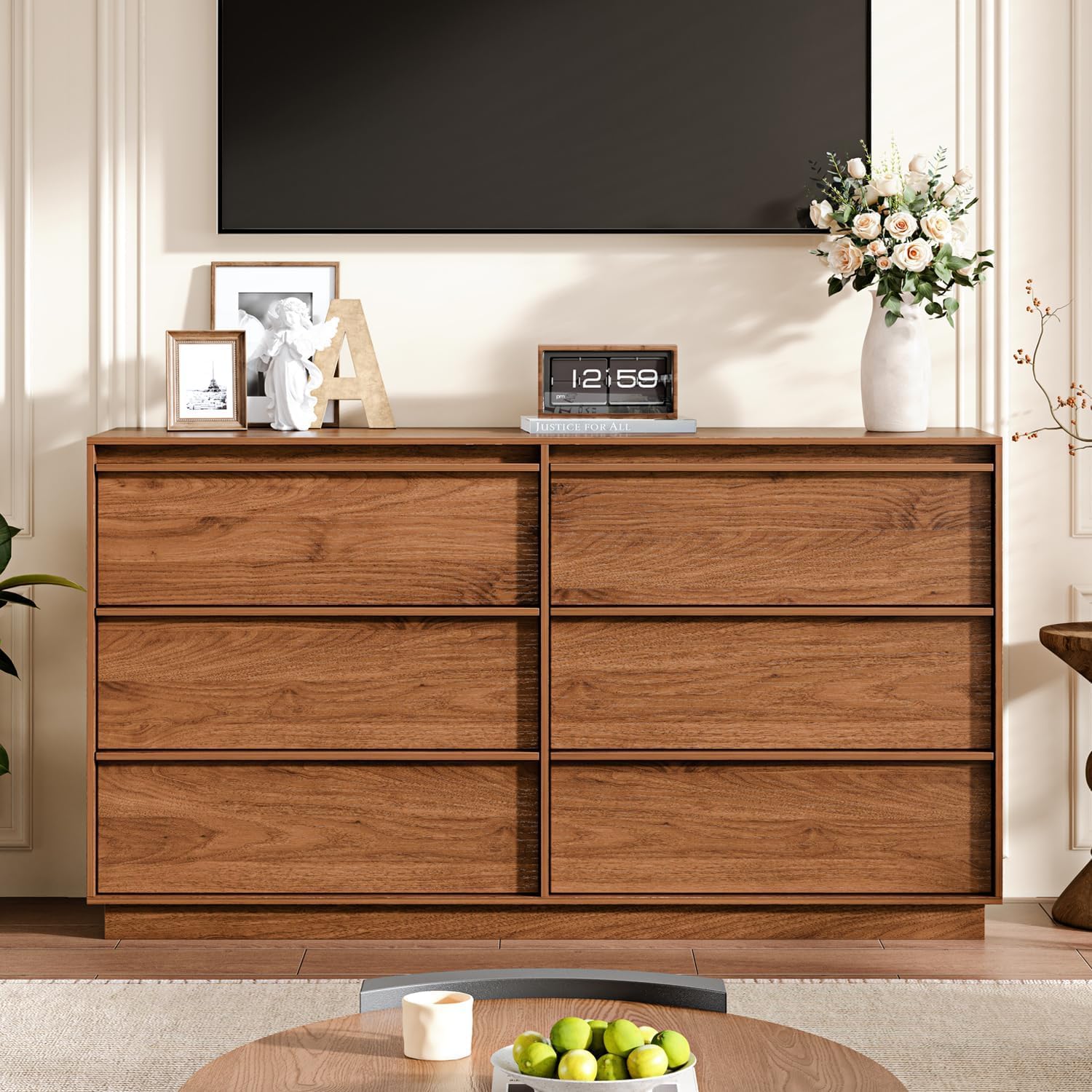 Ieejdn 55.12' Modern Chest of Drawer, 6 Deep Drawers,Clothes Organizer,Large Storage Cabinet for Living Room, Bedroom,Dresser TV Stand, Wood Drawer Organizer for Living Room, Hallway, Brown