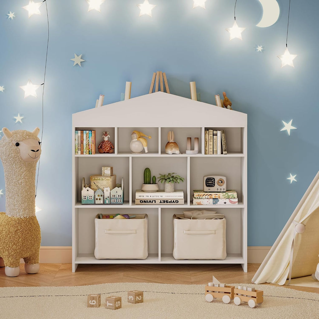 IDEALHOUSE Toy Storage Organizer 8 Cubes Kids Bookshelf Dollhouse Bookcase Rack Toddlers Playhouse Shelves Cabinet for Boys Girls Wooden Toy Chest Playroom, Classroom, Nursery, Kids Room,White