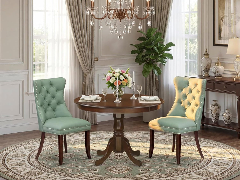 East West Furniture HLDA3-MAH-22 3 Piece Kitchen Table & Chairs Set Includes a Round Dining Table with Pedestal and 2 Polyester Fabric Upholstered Chairs, 42x42 Inch, Mahogany