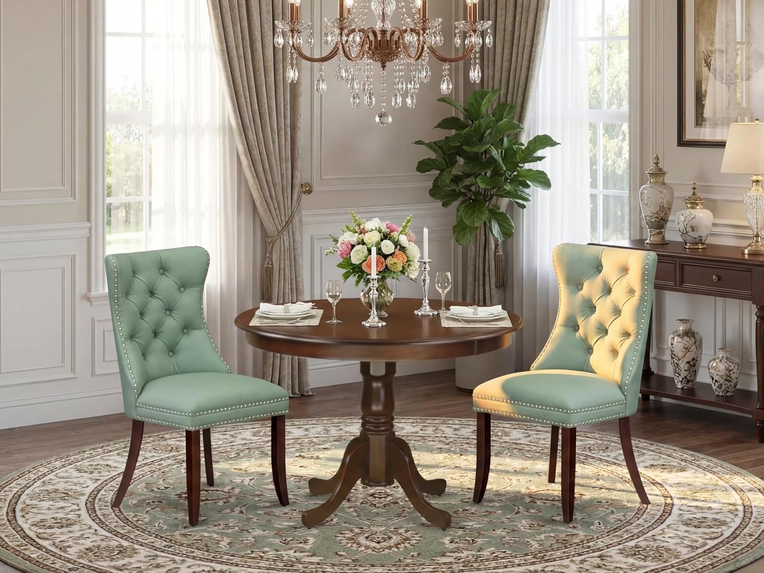 East West Furniture HLDA3-MAH-22 3 Piece Kitchen Table & Chairs Set Includes a Round Dining Table with Pedestal and 2 Polyester Fabric Upholstered Chairs, 42x42 Inch, Mahogany