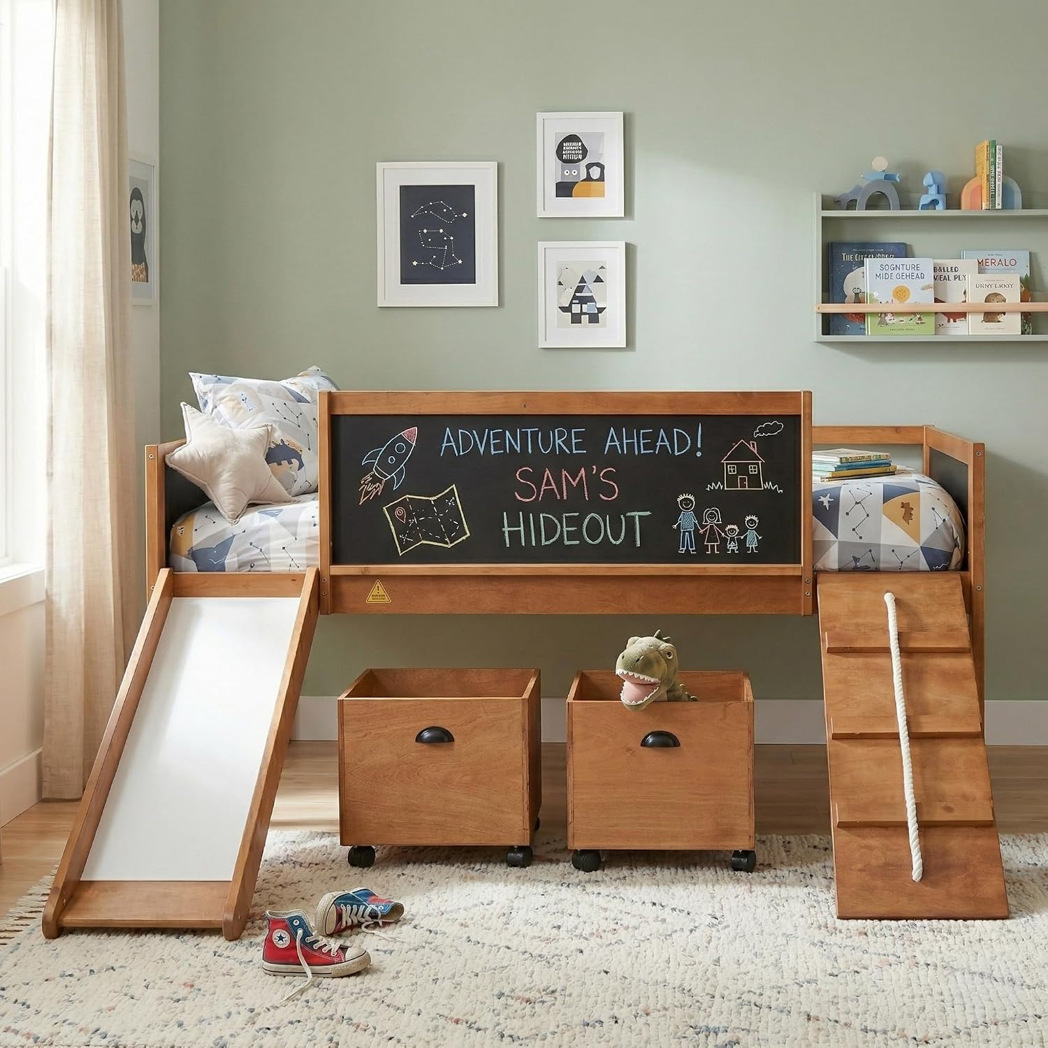 JIVOIT Twin Size Low Loft Bed with Climbing Frame & Rope, Wood Loft Bed Frame with Two Storage Boxes, Slide and Double-Sided Chalkboard, Pine Wood Bed Frame for Teens (Natrual+Rope)