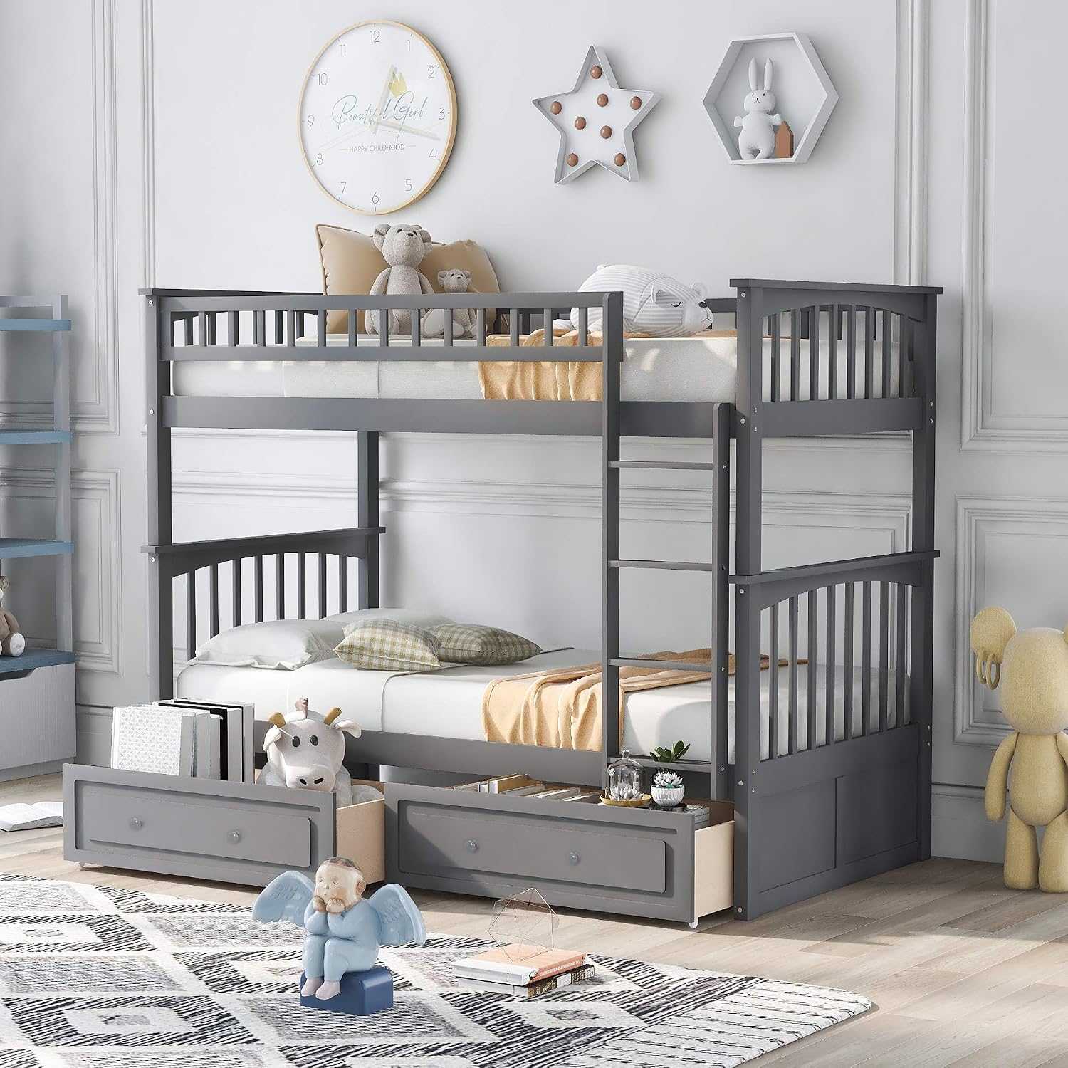 Twin Over Twin Wood Bunk Bed with Two Storage Drawers, Solid Wood Convertible Storage Bunk Bed Can Be Convertible to 2 Beds, Frame with Ladder, Safety Rail for Teens Adults (Gray)