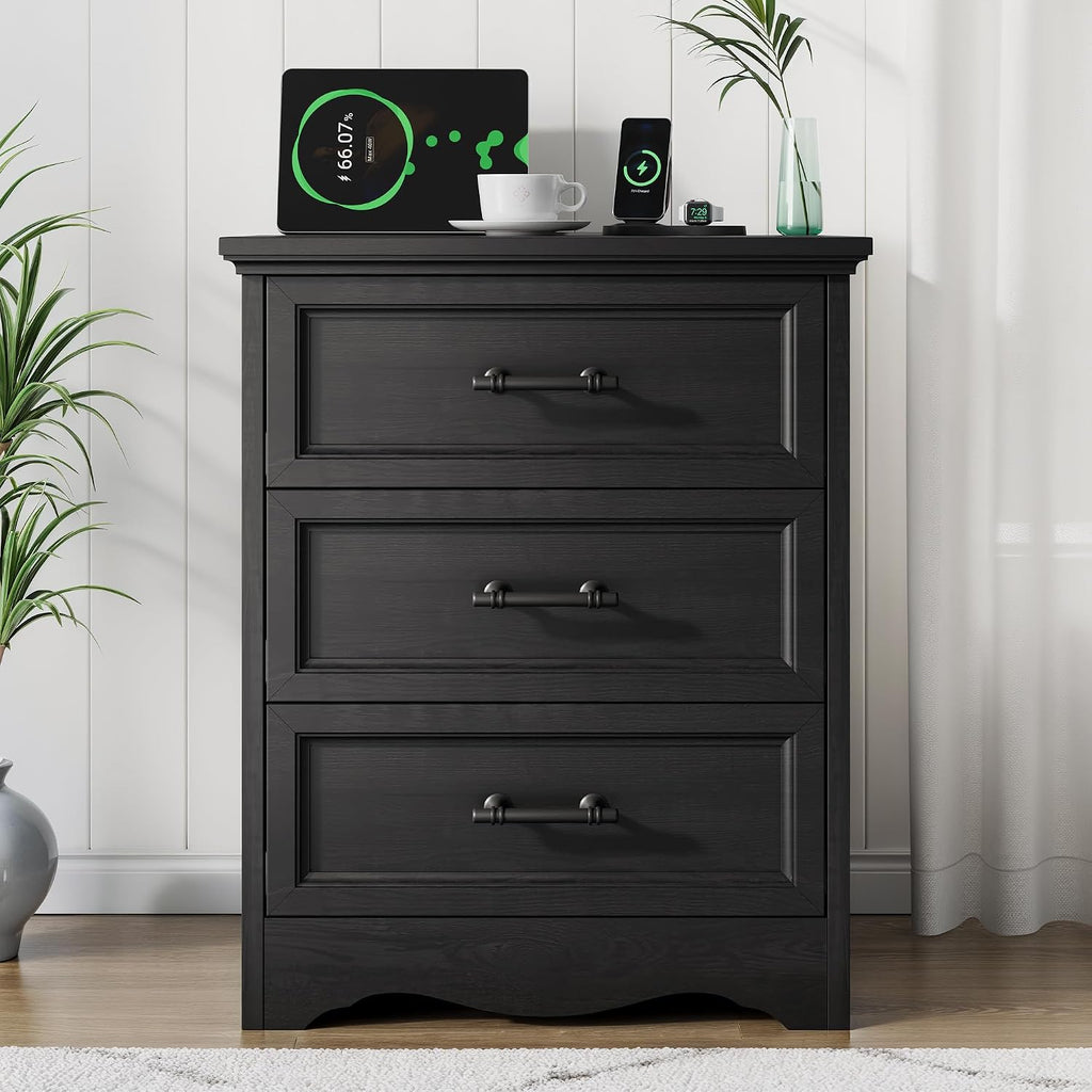 Black Nightstand with Charging Station, 19.7' Farmhouse End Table with 3 Drawers Storage, Bedside Table with Brushed Metal Handles, Unique Base Design, 3 Drawer Dresser for Bedroom, Living Room