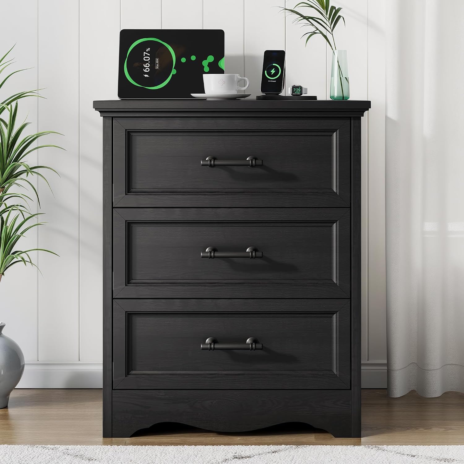 Black Nightstand with Charging Station, 19.7' Farmhouse End Table with 3 Drawers Storage, Bedside Table with Brushed Metal Handles, Unique Base Design, 3 Drawer Dresser for Bedroom, Living Room