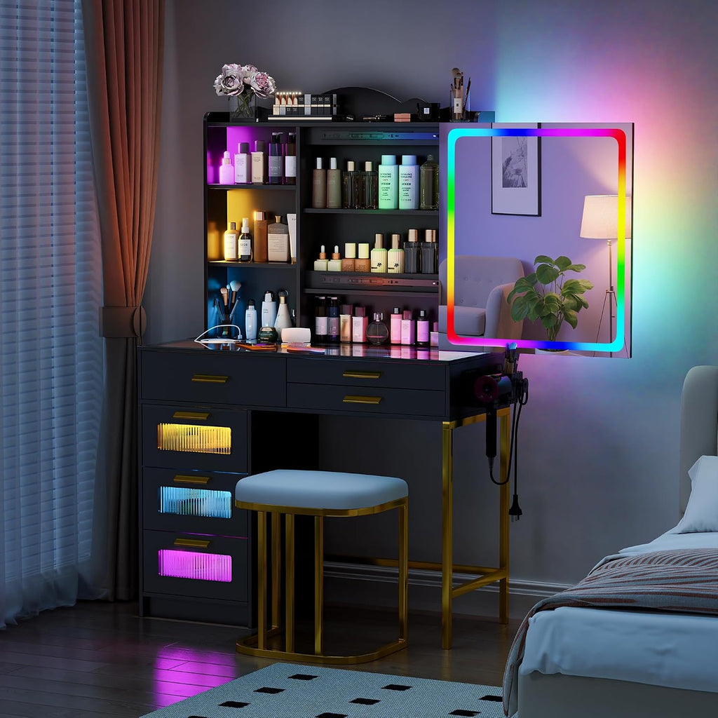 Glass Top Makeup Vanity Desk with RGB LED Light & Adjustable Mirror, Modern Makeup Dresser with Charging Station,Vanity Table Set with 6 Drawers & Hair Dryer Holder for Bedroom,Black