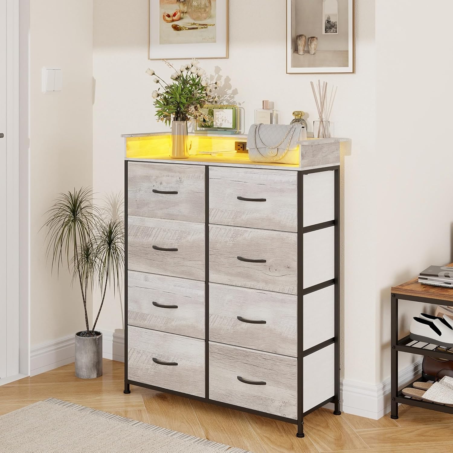 Dresser for Bedroom with Charing Station Grey Dresser with LED Lights Tall Dressers with 8 Drawers Storage Tower for Closet Living Room Hallway Entryway Sturdy Steel Frame Wood Top