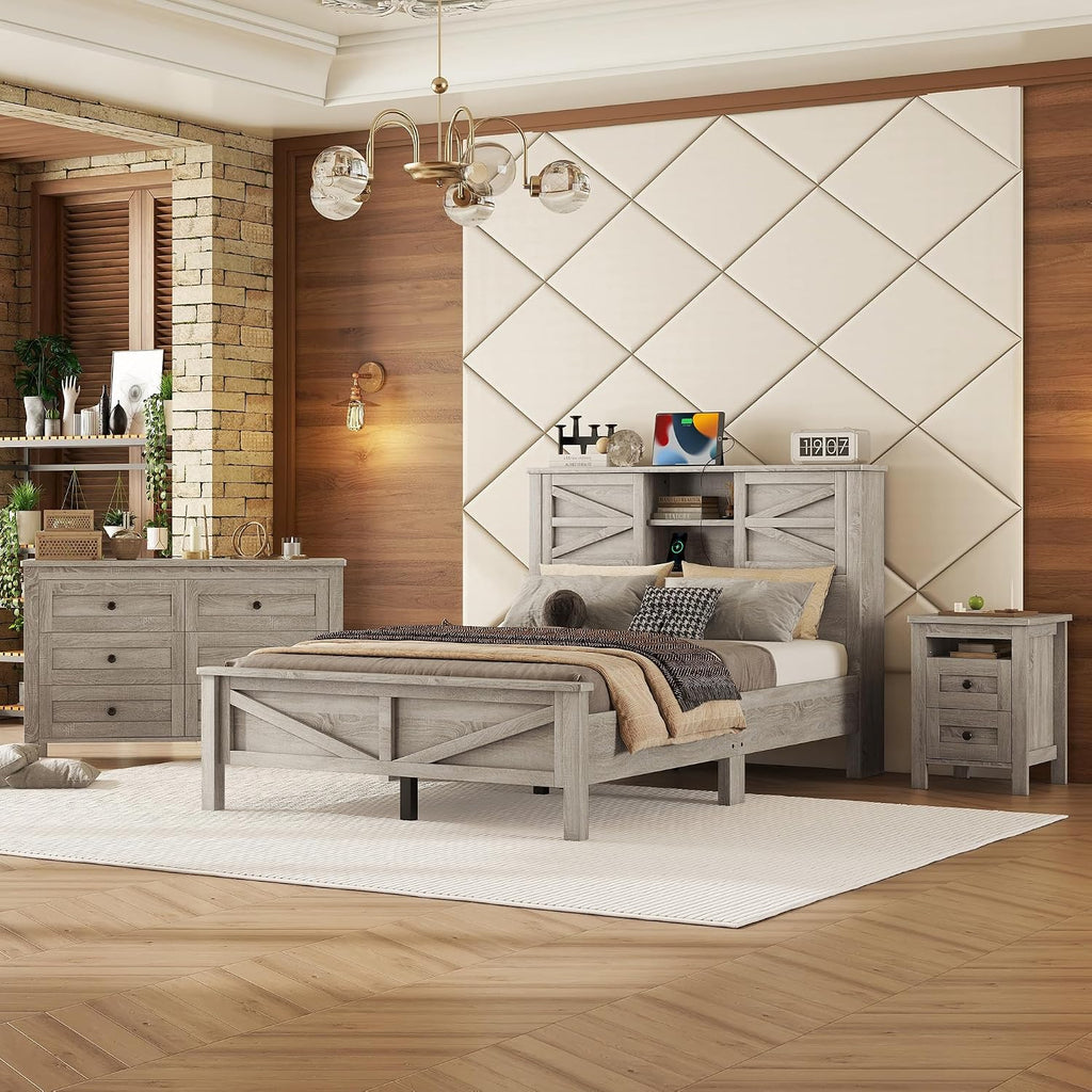 3-Pieces Bedroom Sets with Full Size Farmhouse Platform Bed, Double Sliding Door Storage Headboard, USB, 3PCS Bedroom Sets with Cabinet, Nightstands for Kids Adults, Gray