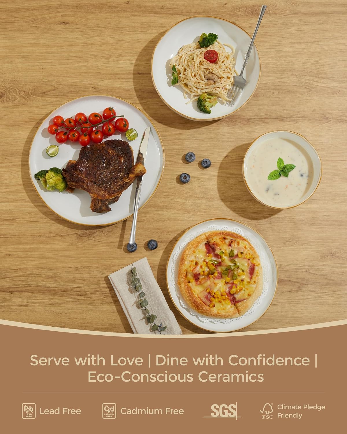 Pokini 32 Piece White Dinnerware Set with Pasta Bowls, Reactive Glaze Stoneware for 8 | Perfect for Multi‑Course Dinners, Hosting Large Groups, Holiday Serving Needs