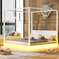 King Size Canopy Platform Bed with LED Lights and Headboard, Wooden 4-Post Canopy Bed Frame with Support Slats, No Box Spring Needed (King)