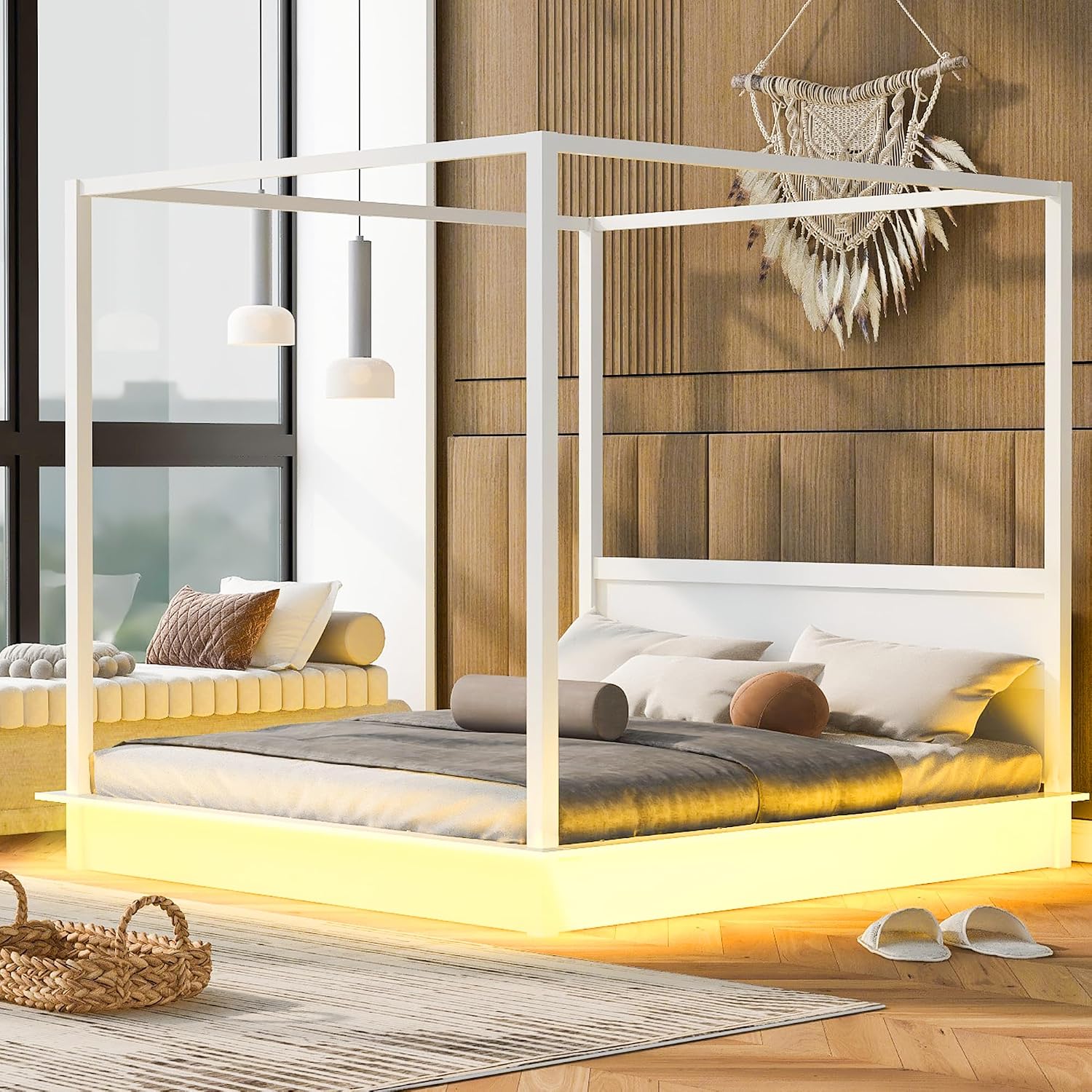 King Size Canopy Platform Bed with LED Lights and Headboard, Wooden 4-Post Canopy Bed Frame with Support Slats, No Box Spring Needed (King)