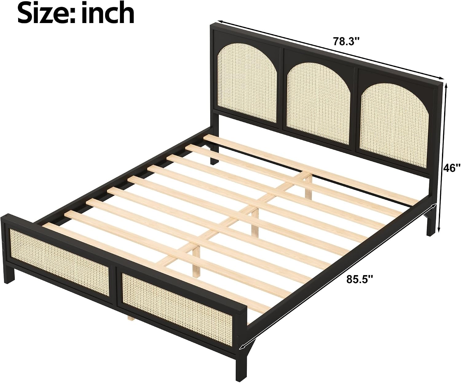 JIVOIT King Size Platform Bed with Rattan Headboard and Footboard, Wood Platform Bed Frame with Wood Slats Support, No Box Spring Needed, Easy Assembly (Black+Beige,King)