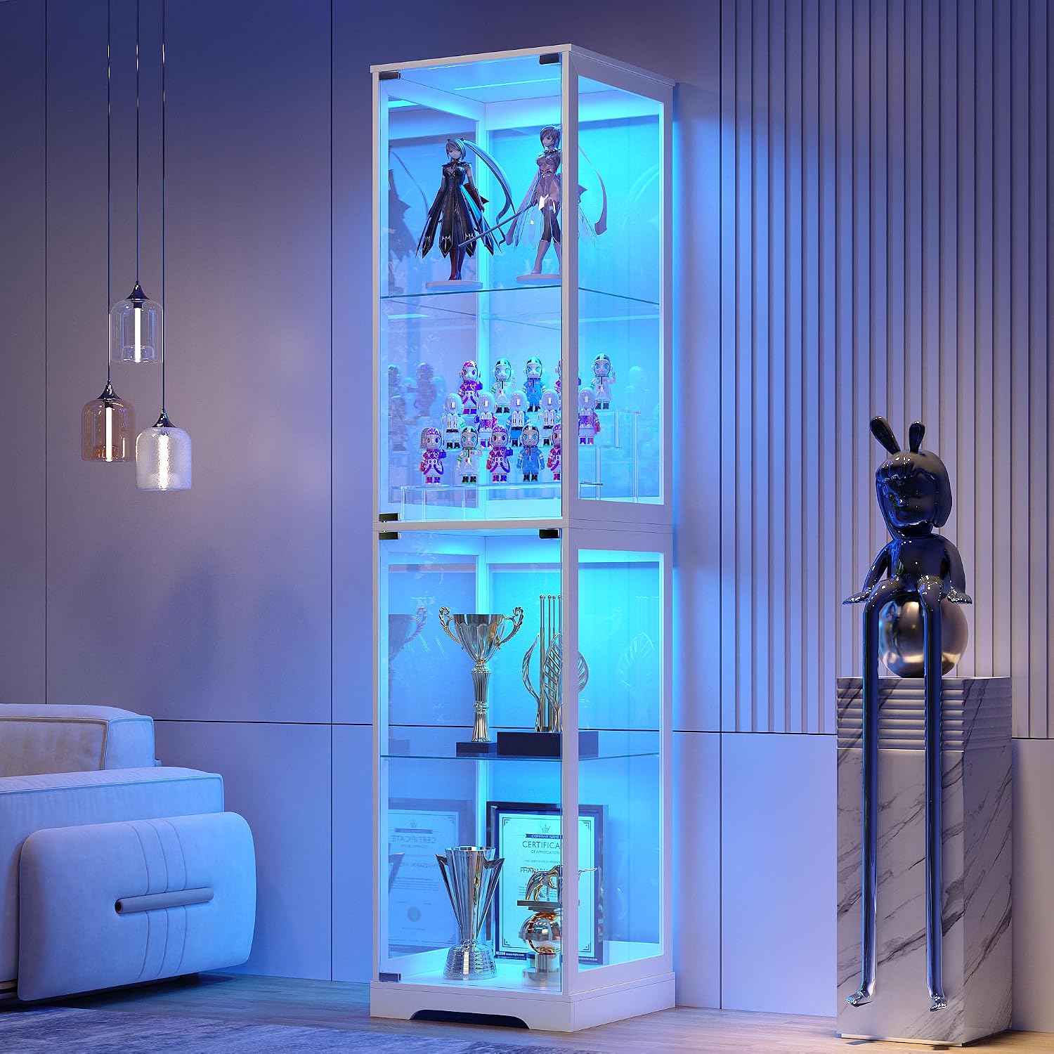 Glass Display Cabinet with Doors, 65' Tall 4-Tier Curio Display Case with 3 Color Lights and Human Body Sensor, Bookcase for Collectibles, White