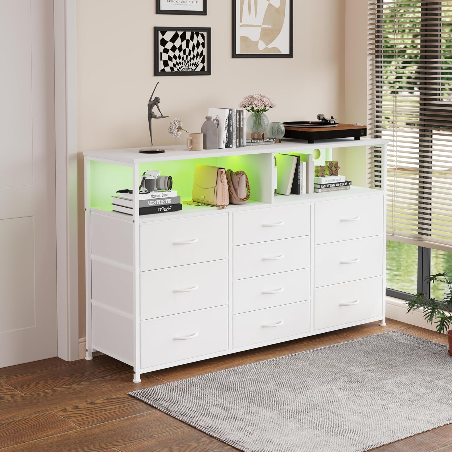 Unionly 55W 10-Drawers Dresser with 2 Open Storage Shelves, TV Stand Dresser for 55,65 inch TV，with Power Outlets and LED Lights, Fabric Dressers Drawers for Bedroom, Living Room (White)