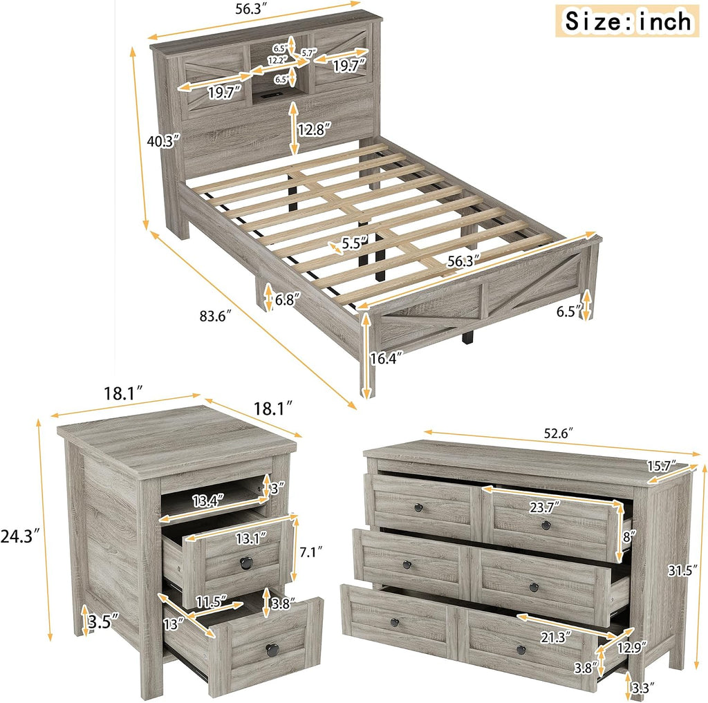 3-Pieces Bedroom Sets with Full Size Farmhouse Platform Bed, Double Sliding Door Storage Headboard, USB, 3PCS Bedroom Sets with Cabinet, Nightstands for Kids Adults, Gray