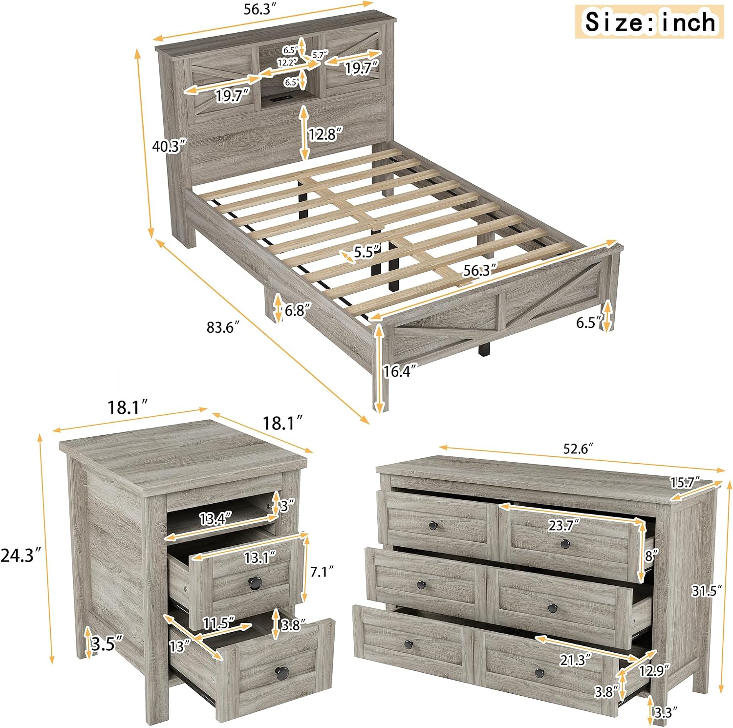 3-Pieces Bedroom Sets with Full Size Farmhouse Platform Bed, Double Sliding Door Storage Headboard, USB, 3PCS Bedroom Sets with Cabinet, Nightstands for Kids Adults, Gray
