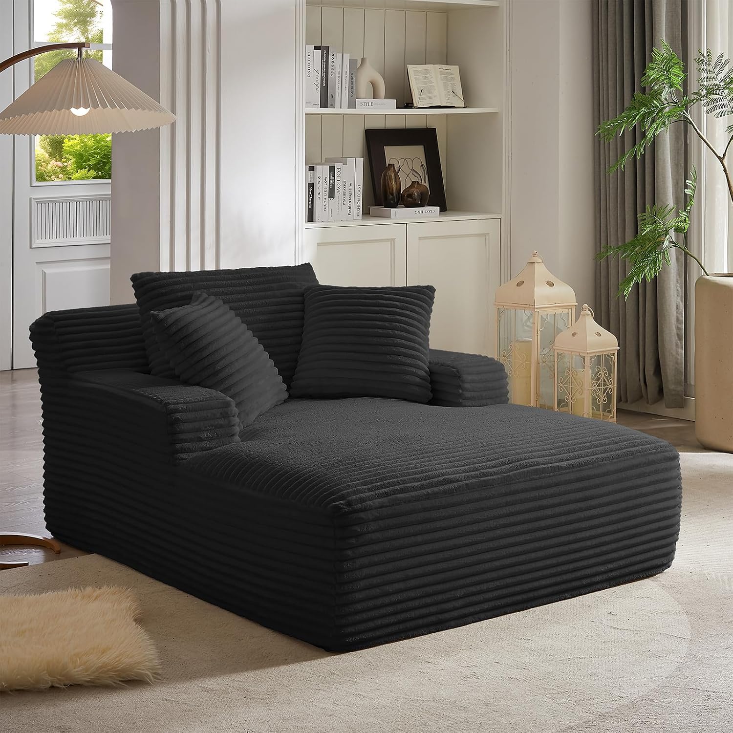 Oversized Chaise Lounge Chair Indoor, 66' Cloud Boneless Sleeper Couch Corduroy Upholstered Sofa Bed Deep Seat Comfy Reading Chair with 3 Pillows for Living Room Bedroom, Black