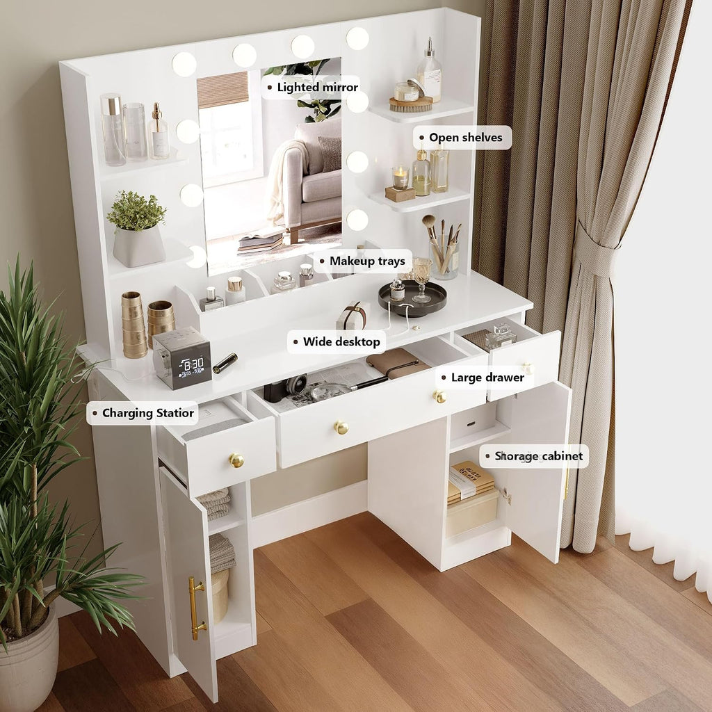 Wodeer Makeup Vanity Desk with Mirror and Lights, 43' White Vanity Set with 3 Drawers, Power Outlet & Adjustable RGB LED Lights, Dressing Table with Storage Shelf for Women & Girls Bedroom
