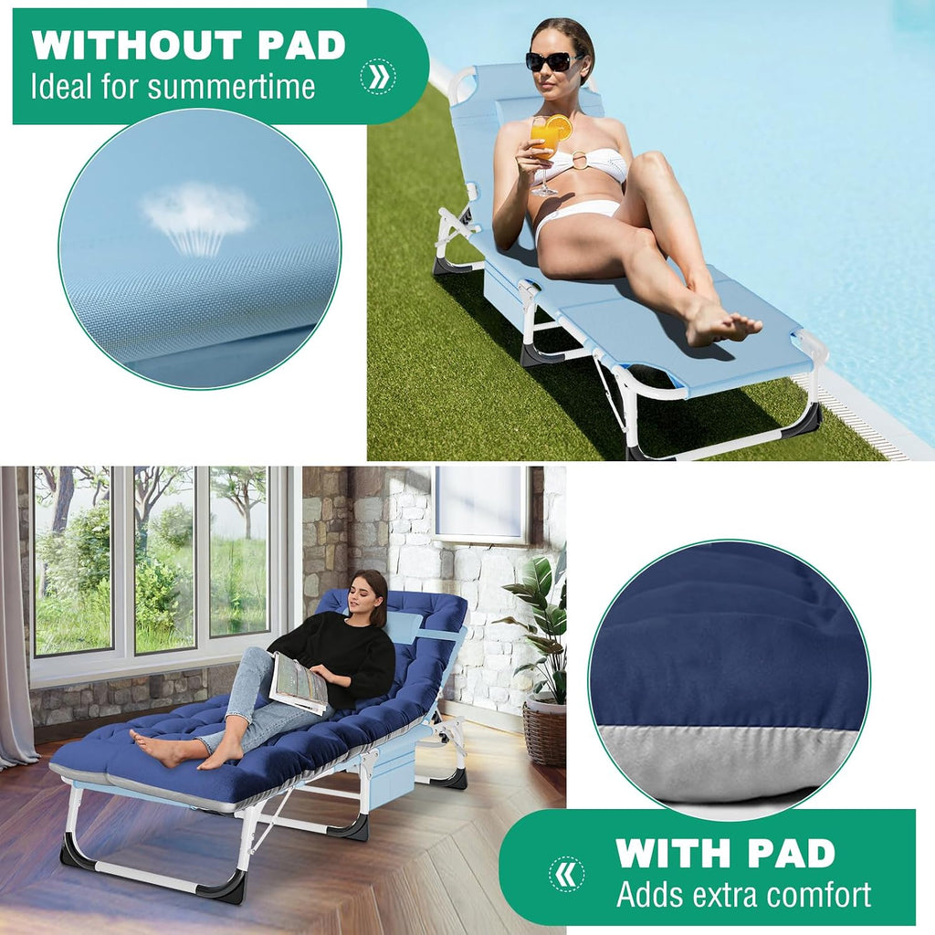 LILYPELLE 3in1 Sun Tanning Chair with Mattress, Heavy Duty Lounger Chairs with Face Arm Hole, Removable Pillow, Outside Chaise Lounge Chair for Sunbathing, Patio, Poolside, Lawn, Beach