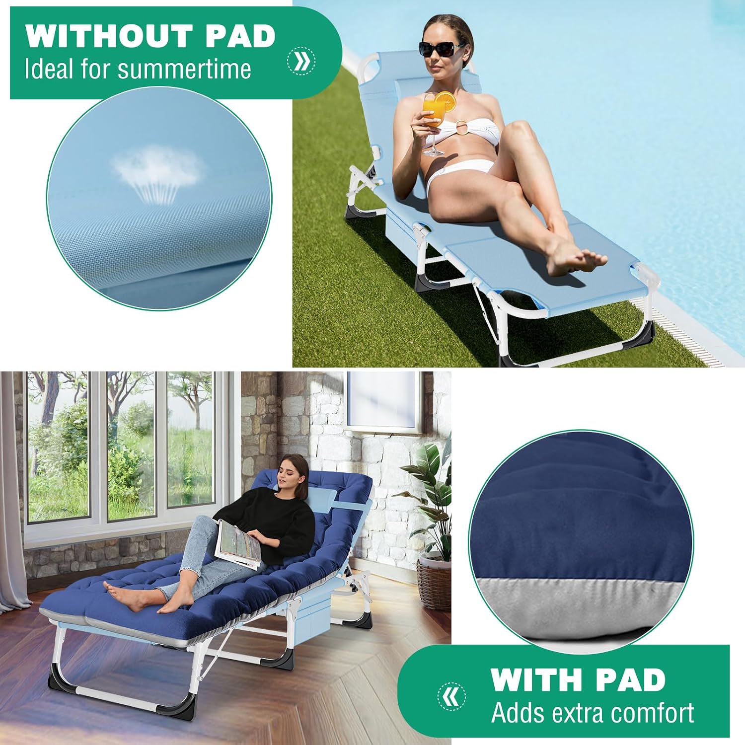 LILYPELLE 3in1 Sun Tanning Chair with Mattress, Heavy Duty Lounger Chairs with Face Arm Hole, Removable Pillow, Outside Chaise Lounge Chair for Sunbathing, Patio, Poolside, Lawn, Beach