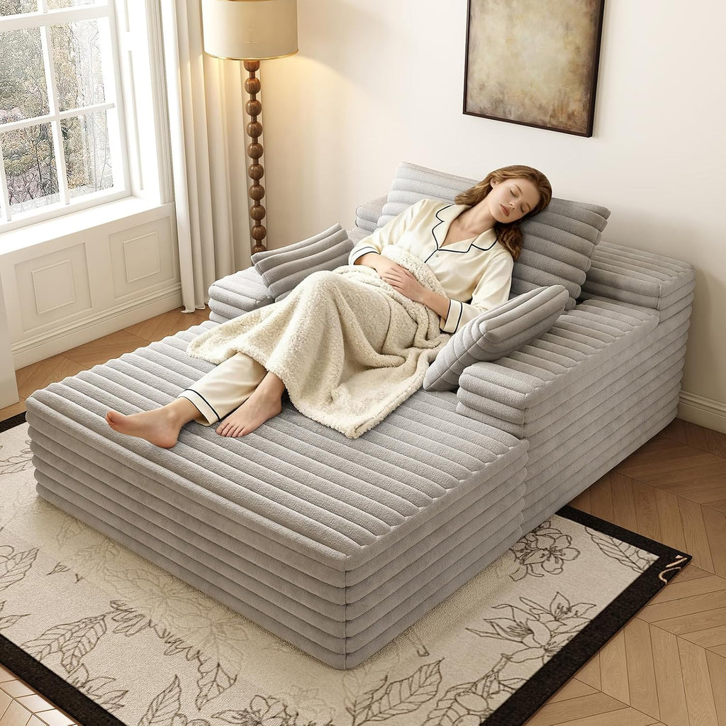 Oversized Chaise Lounge Chair Indoor, 62.6' Cloud Boneless Sleeper Couch Corduroy Upholstered Sofa Bed Deep Seat Comfy Reading Chair with 3 Pillows for Living Room Bedroom, Grey