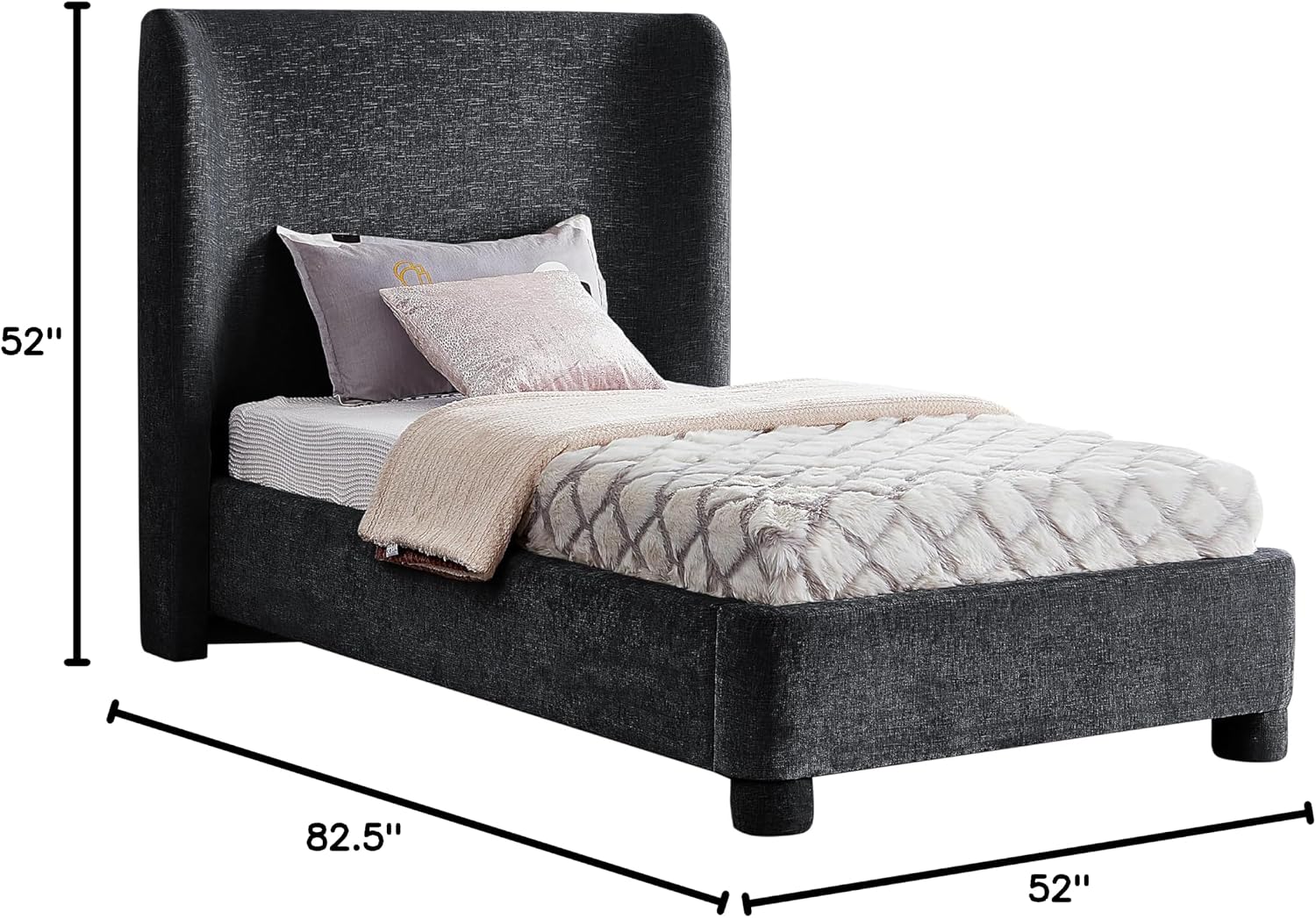 Meridian Furniture B1207Black-T Penny Collection Modern | Contemporary Twin Bed with Rich Black Chenille Fabric, Curved Headboard, 52' W x 82.5' D x 52' H, Black, Twin