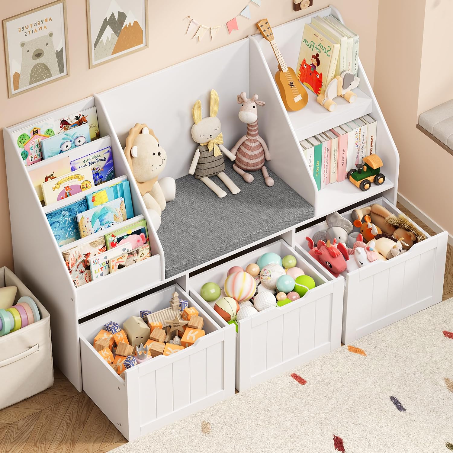 Gizoon Kids Toy Storage Organizer with Reading Nook, Kids Bookshelf with 3 Movable Drawers, Kids Reading Nook with Bench for Kidsroom Playroom and Bedroom, White, Painted