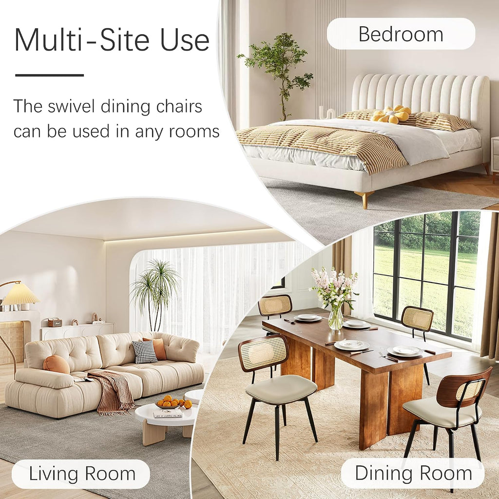 Dining Chairs, Swivel Dining Chairs Set of 2, Faux Leather & Rattan Walnut Dining Room Chairs, Bentwood & Metal Frame Upholstered Chairs with 360°Rotation, Modern Kitchen/Living Room Chairs (Beige)
