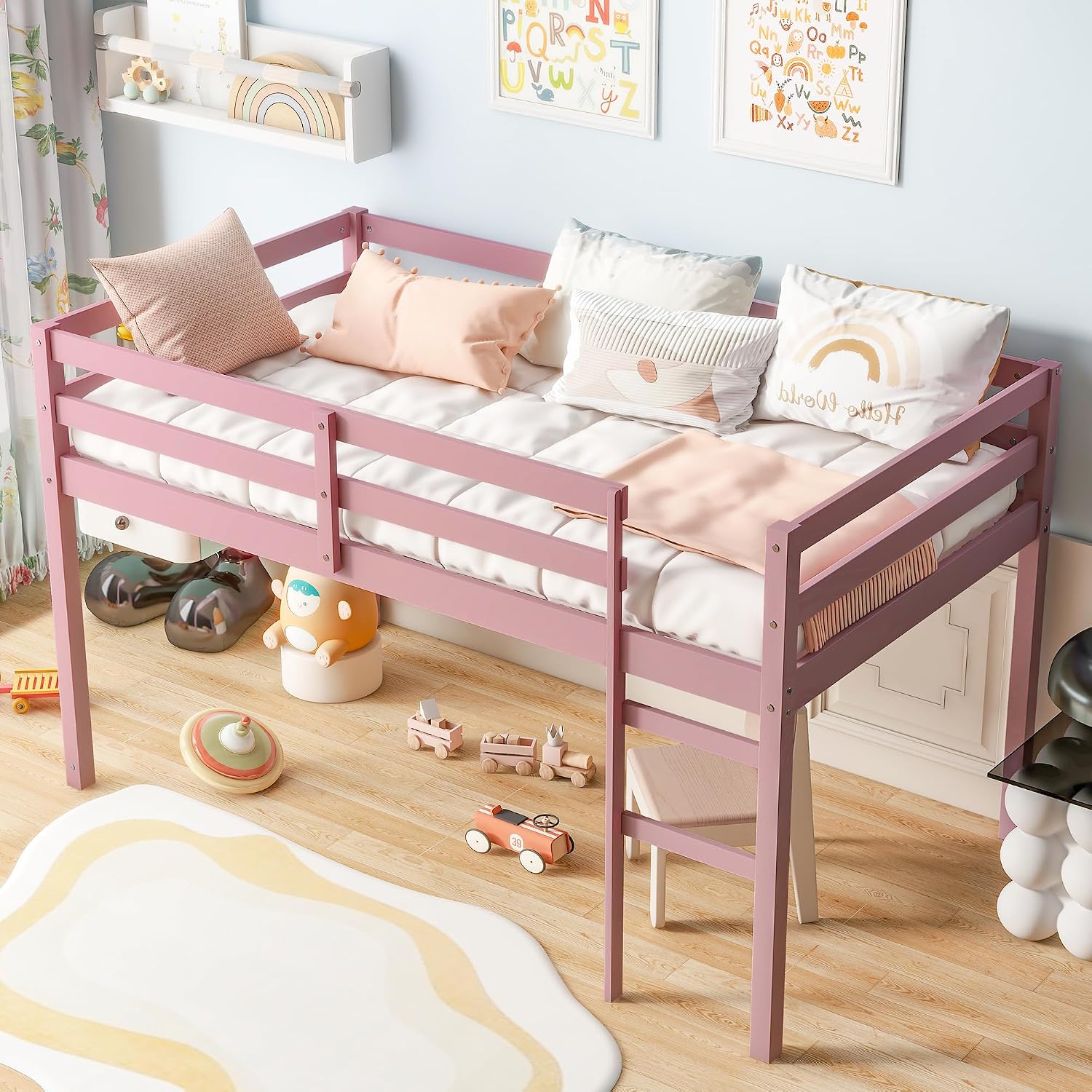 JIVOIT Twin Size Loft Bed with Ladder, Solid Rubber Wooden Low Height Loft Bed, Bed Platform of Strengthened Slats, No Box Spring Needed (Pink//14)