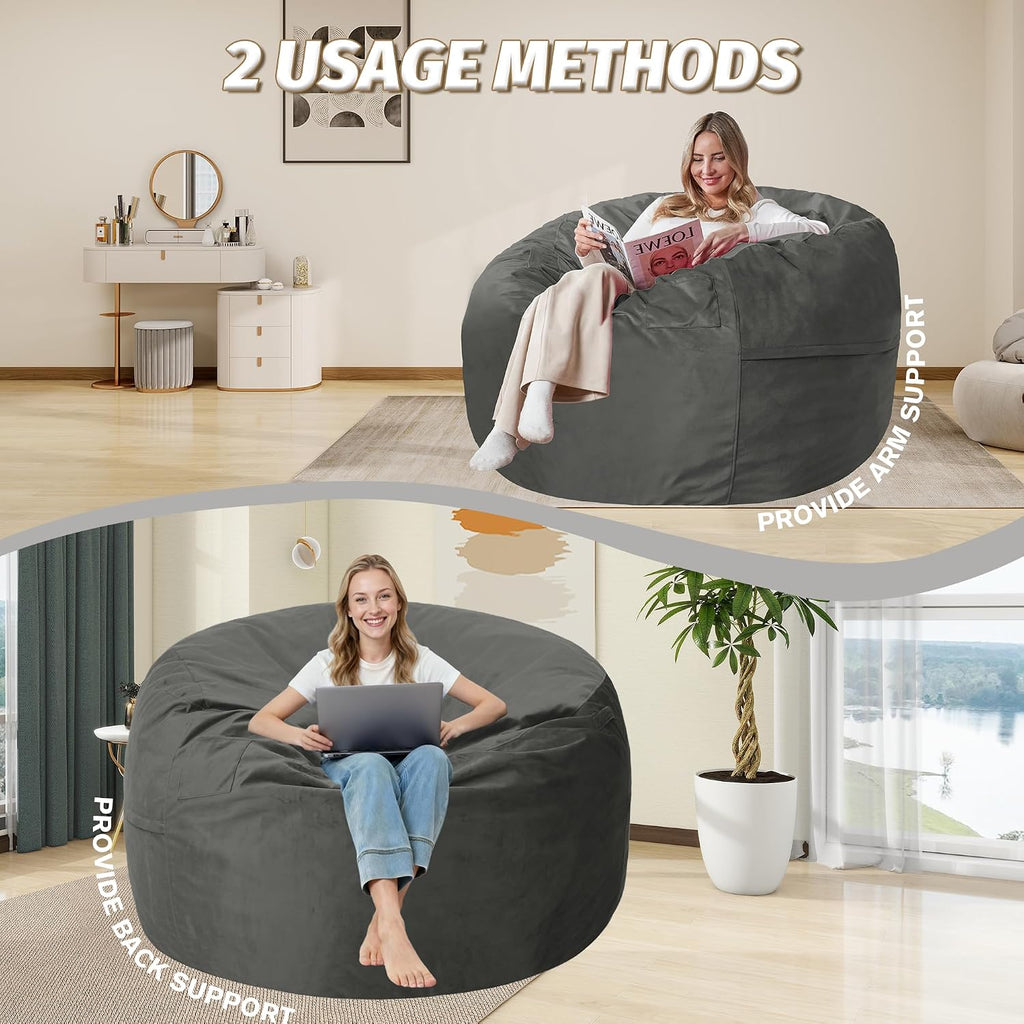 6FT Bean Bag Chair with Ultra Soft Velvet Cover Bean Bag Sofa with Memory Foam Bean Bag Chairs with Large Size Lazy Sofa for Dorm Office Living Room Bedroom Grey 6'