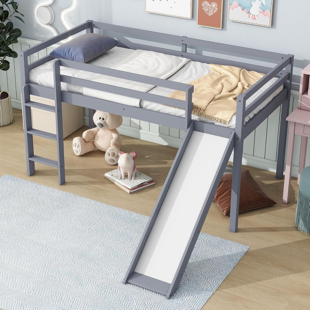 JIVOIT Twin Size Low Loft Bed with Slide and Ladder, Rubber Wood Twin Loft Bed with Wood Slats Support, No Box Spring Needed (Grey/407)