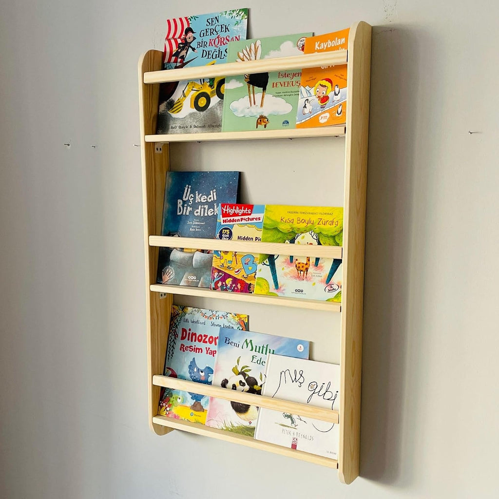 3 Tier Natural Wood Handmade Montessori Kids Bookshelf Wall Mounted Children Bedroom, Nursery (Narrow 13' Width, Chestnut)