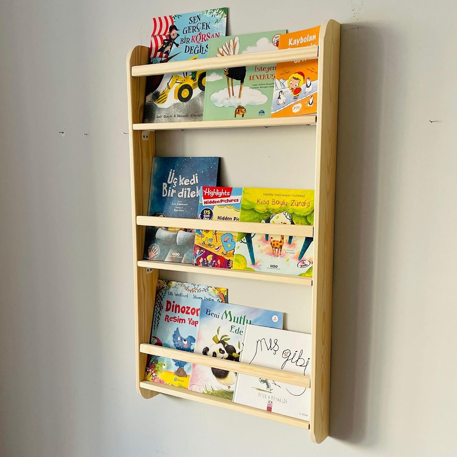 3 Tier Natural Wood Handmade Montessori Kids Bookshelf Wall Mounted Children Bedroom, Nursery (Narrow 13' Width, Chestnut)