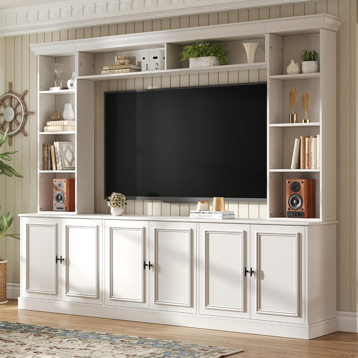 97.4' Entertainment Center Wall Unit with Bookshelves, 4-Piece Modern TV Stand for TVs up to 70' with 6 Doors & Adjustable Shelves for Living Room, White