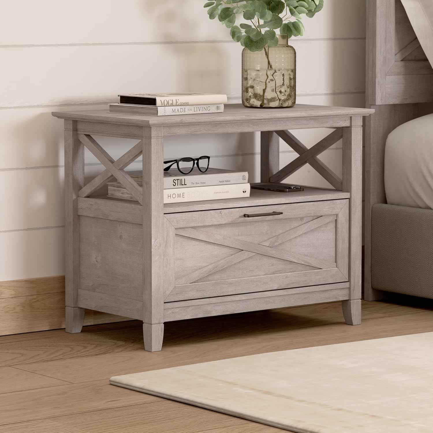 Bush Home 32-Inch Nightstand with Drawer, Farmhouse X Design Bedside Table for Bedroom and Living Room Storage and Organization, Small End Table Furniture, Key West Collection, Washed Gray