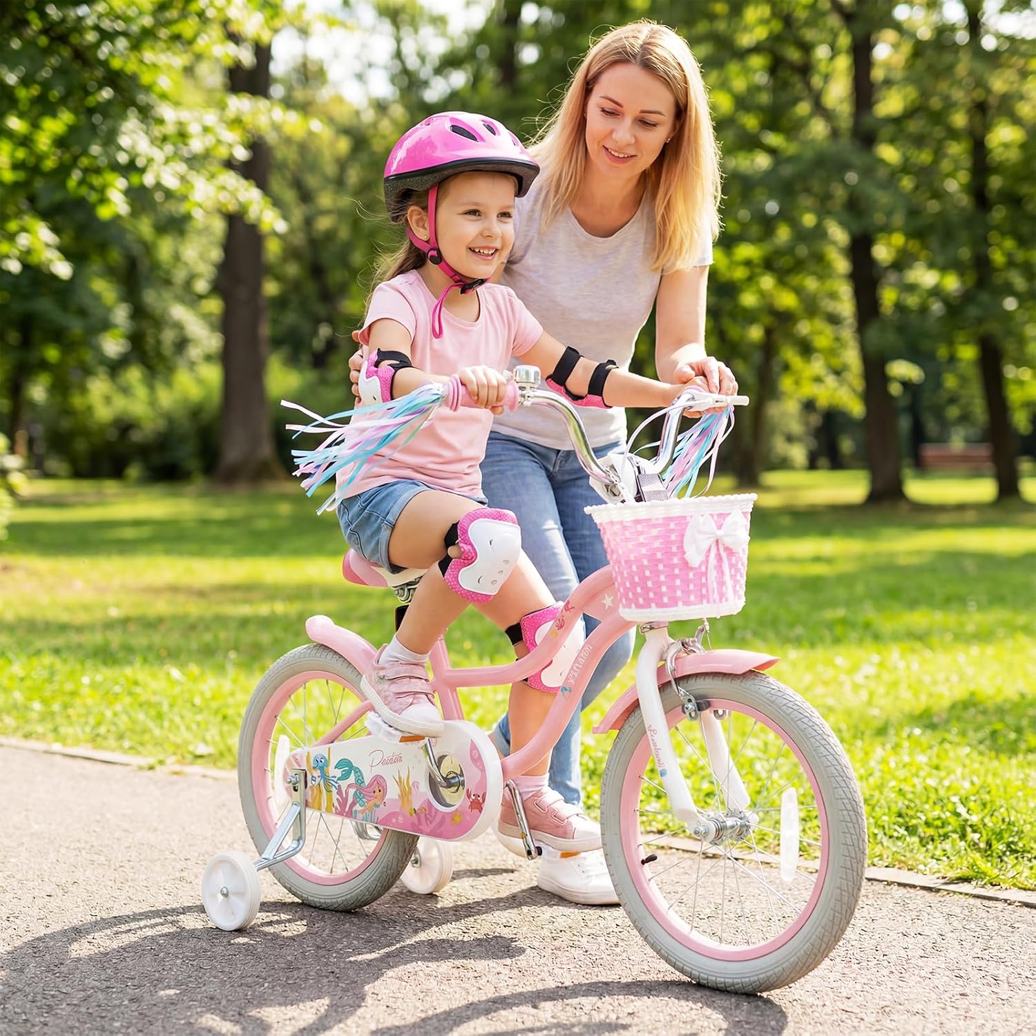 HONEY JOY Kids Bike, 12 14 16 18 Inch Girls Bike w/Training Wheels, Streamers, Basket, Handbrake & Coaster Brake, Fully Enclosed Chain, Mermaid Princess Children Bike for 3-8 Years Old