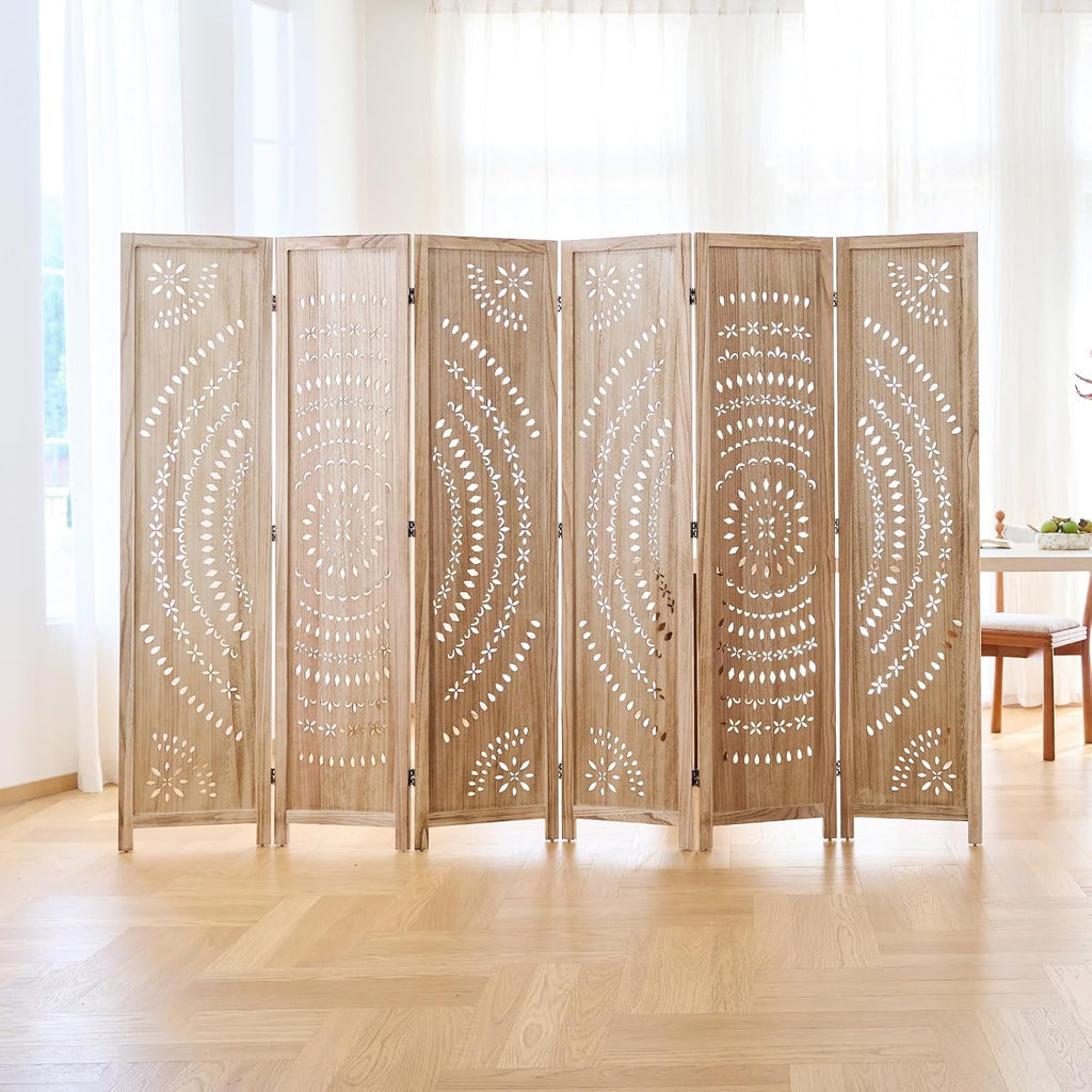 66.9Inch Folding Room Divider, 6 Panels Wood Carved Privacy Screens, Free Assembled Freestanding Partition for Home Office Restaurant Bedroom (Natural)