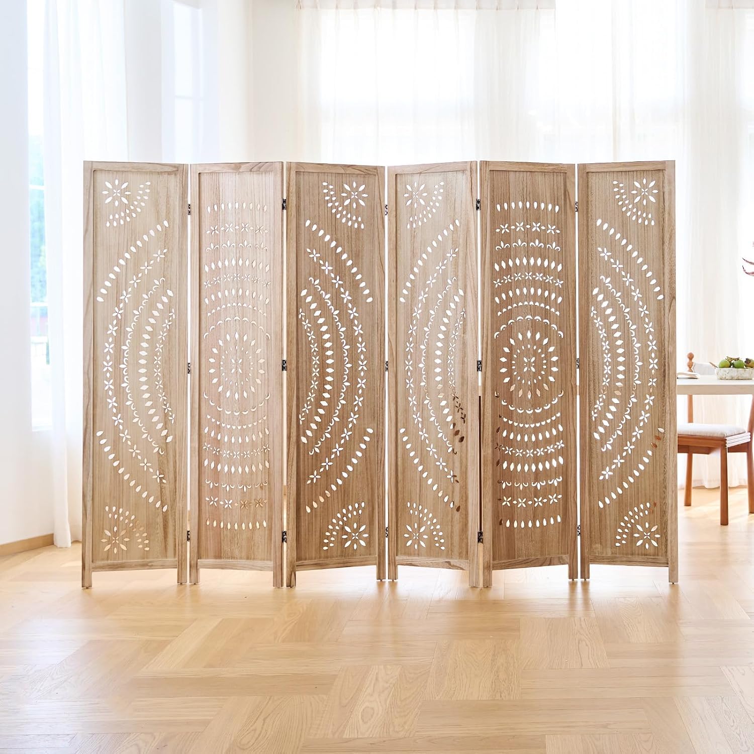 66.9Inch Folding Room Divider, 6 Panels Wood Carved Privacy Screens, Free Assembled Freestanding Partition for Home Office Restaurant Bedroom (Natural)
