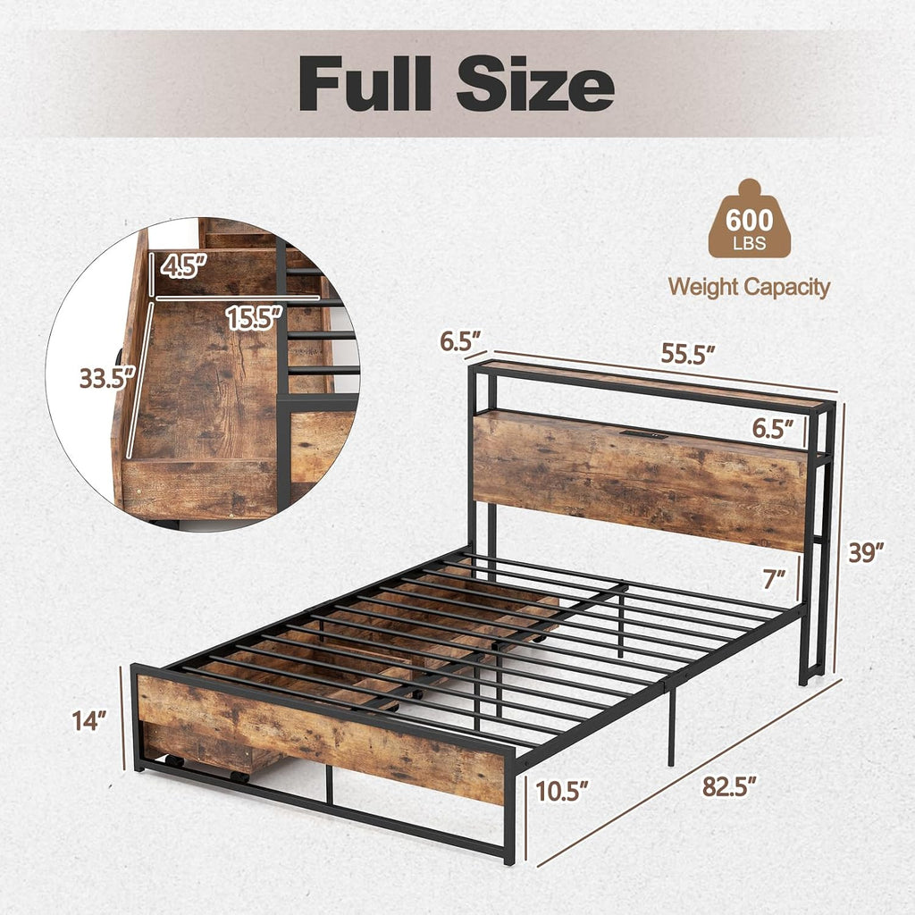 Giantex Full Bed Frame with 2 Storage Drawers and Charging Station, Industrial Platform Bed Frame with 2-Tier Storage Headboard, Rustic Metal Slats Support Mattress Foundation, No Box Spring Needed
