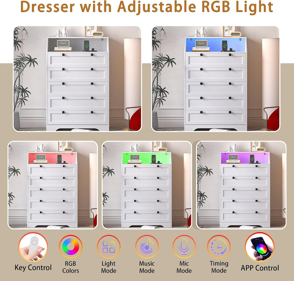 Wodeer White Dresser Tall 5 Drawer Dresser for Bedroom, Wood Chest of Drawers with LED Lights, Charging Station, Metal Handles, Modern Storage Cabinet and Organizer Drawers for Living Room, Hallway