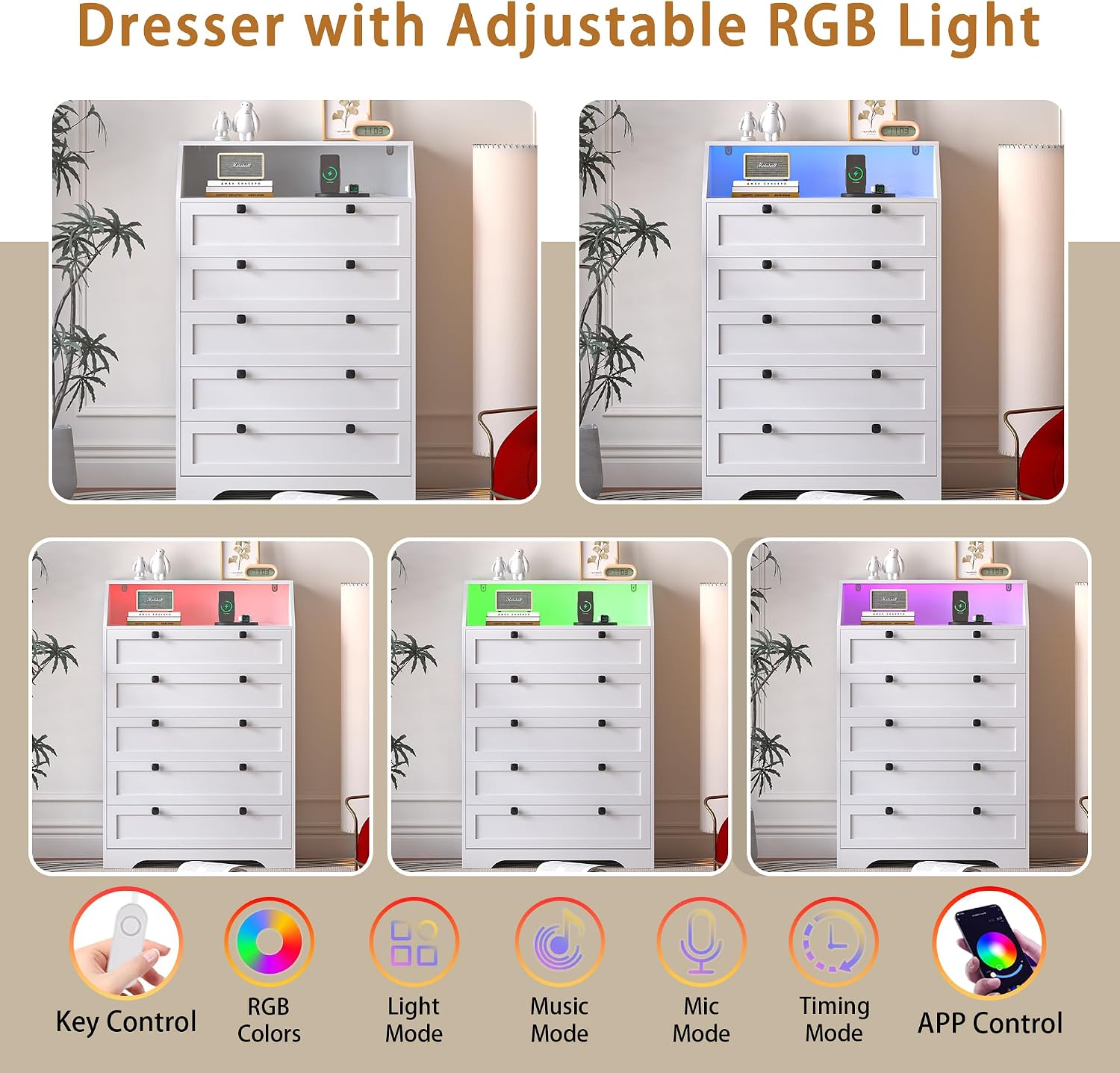 Wodeer White Dresser Tall 5 Drawer Dresser for Bedroom, Wood Chest of Drawers with LED Lights, Charging Station, Metal Handles, Modern Storage Cabinet and Organizer Drawers for Living Room, Hallway