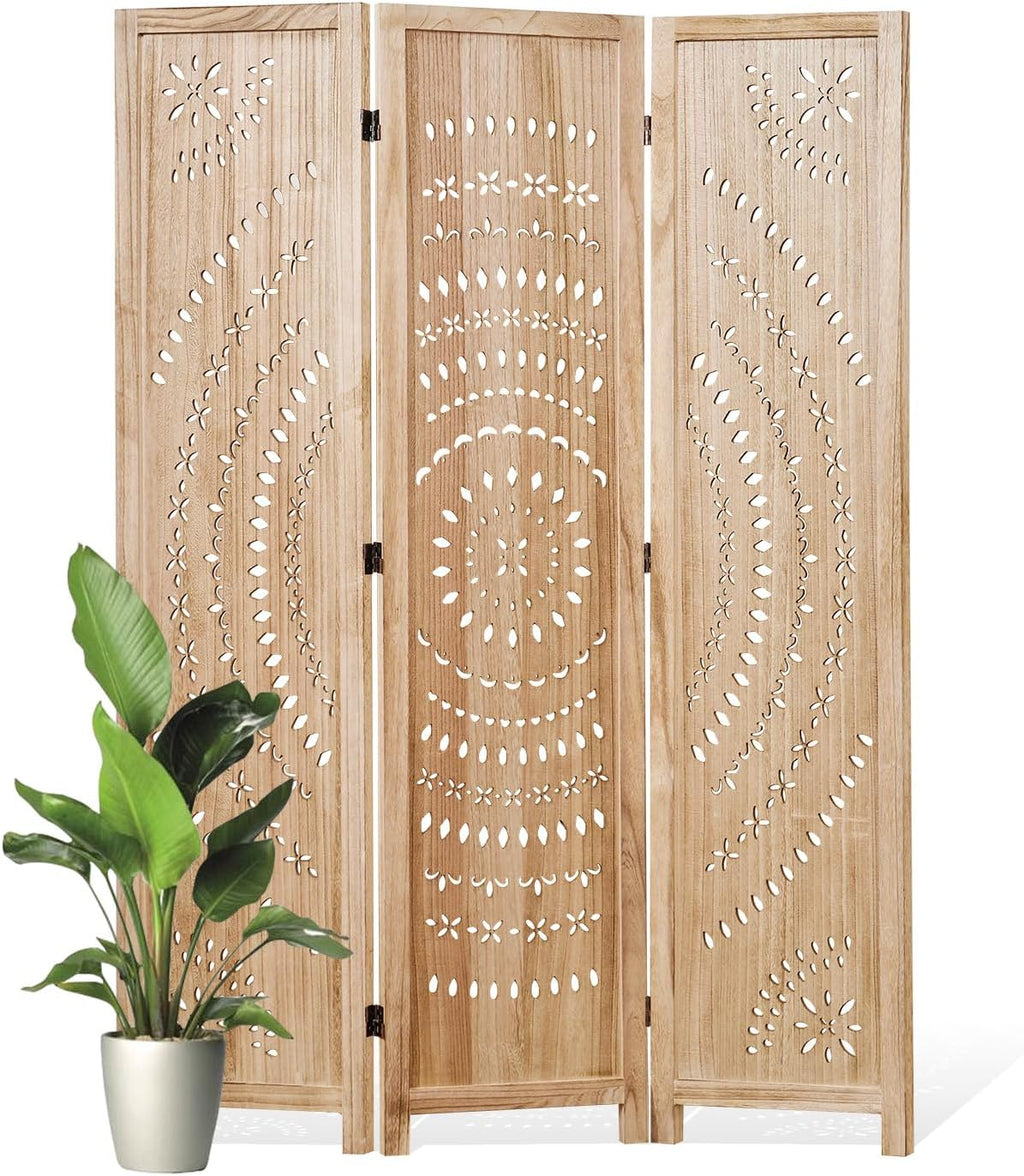 66.9Inch Folding Room Divider, 3 Panels Wood Carved Privacy Screens, Free Assembled Freestanding Partition for Home Office Restaurant Bedroom (Natural)
