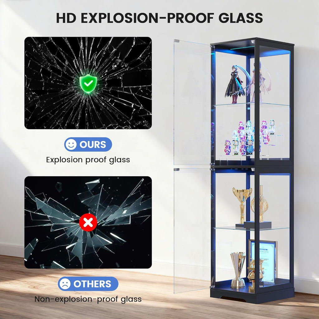 Glass Display Cabinet with Doors, 65' Tall 4-Tier Curio Display Case with 3 Color Lights and Human Body Sensor, Bookcase for Collectibles, Black