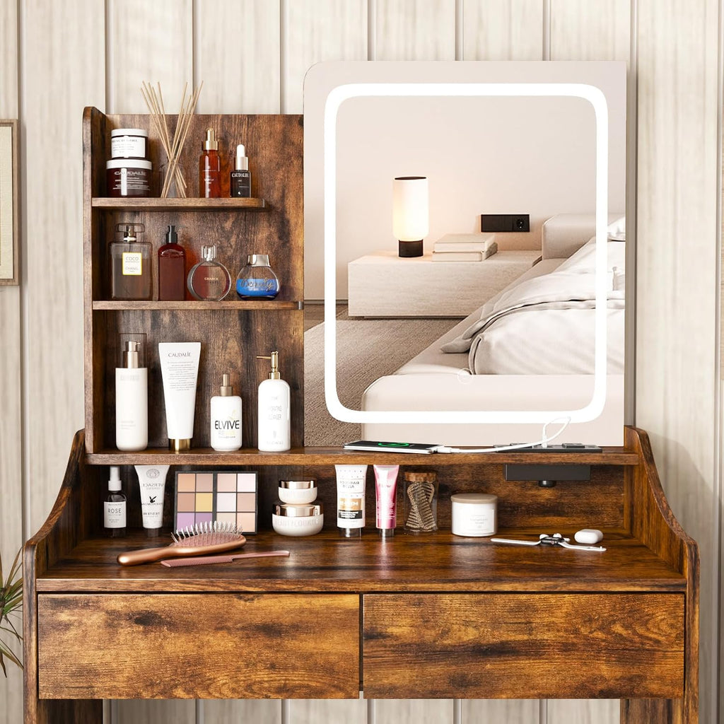 Vabches Vanity Desk with LED Light Mirror and Charging Station 30.3in, Small Vanity Set with 4 Storage Shelves 2 Drawers, Vanity for Girls Women with Storage Stool, Vanity Table for Bedroom (Brown)