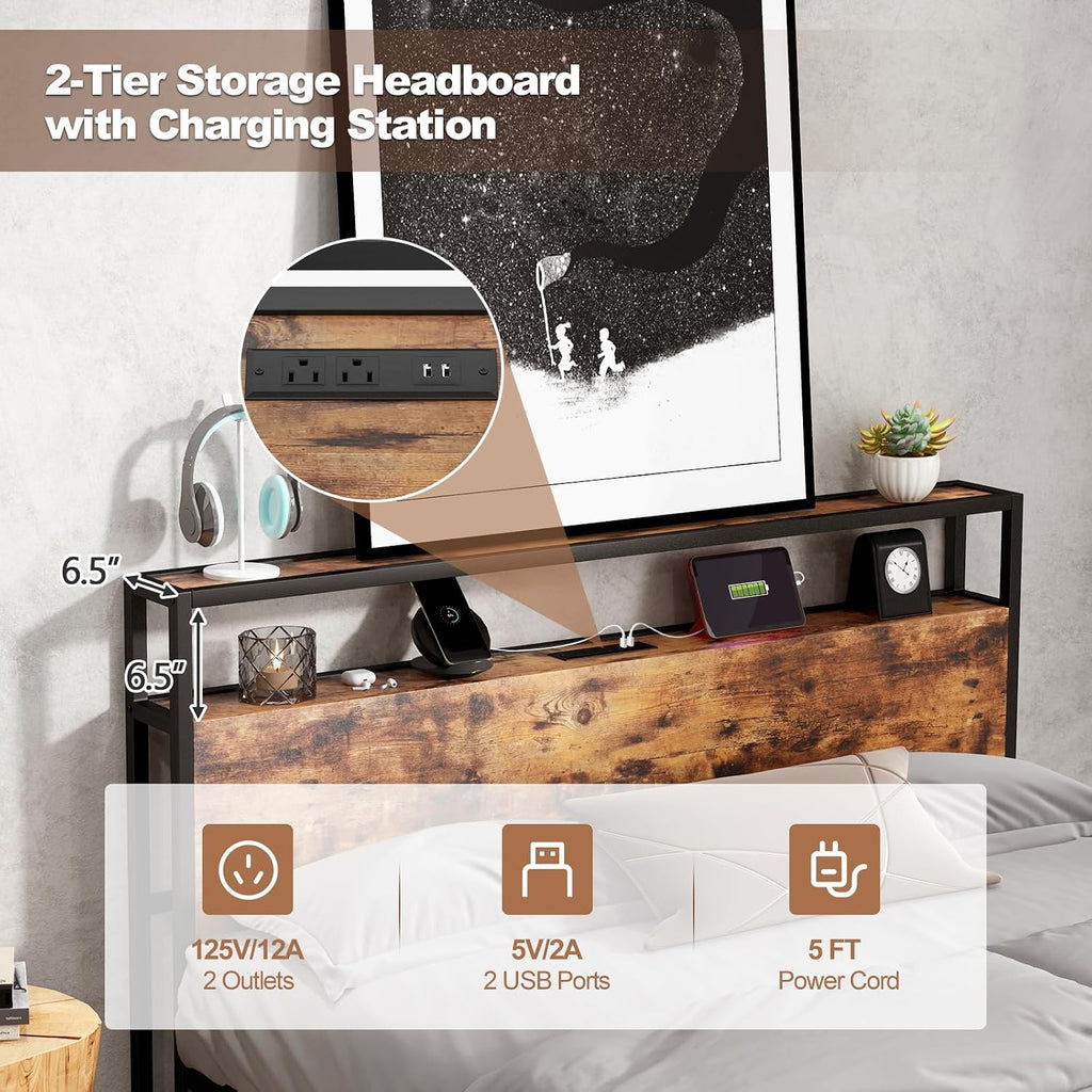 Giantex Queen Bed Frame with 2 Storage Drawers and Charging Station, Industrial Platform Bed Frame with 2-Tier Storage Headboard, Rustic Metal Slats Support Mattress Foundation, No Box Spring Needed