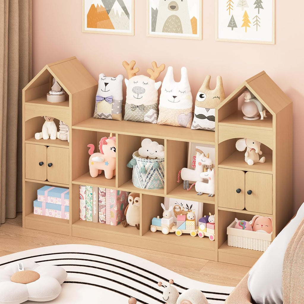 Halitaa Castle Shape Children's Bookshelf, Kids Bookcase Display Case Kids Toy Storage Organizer Multifunctional Storage Cabinet Bookshelf Suitable for Playroom, Children's Room, Living Room, Oak