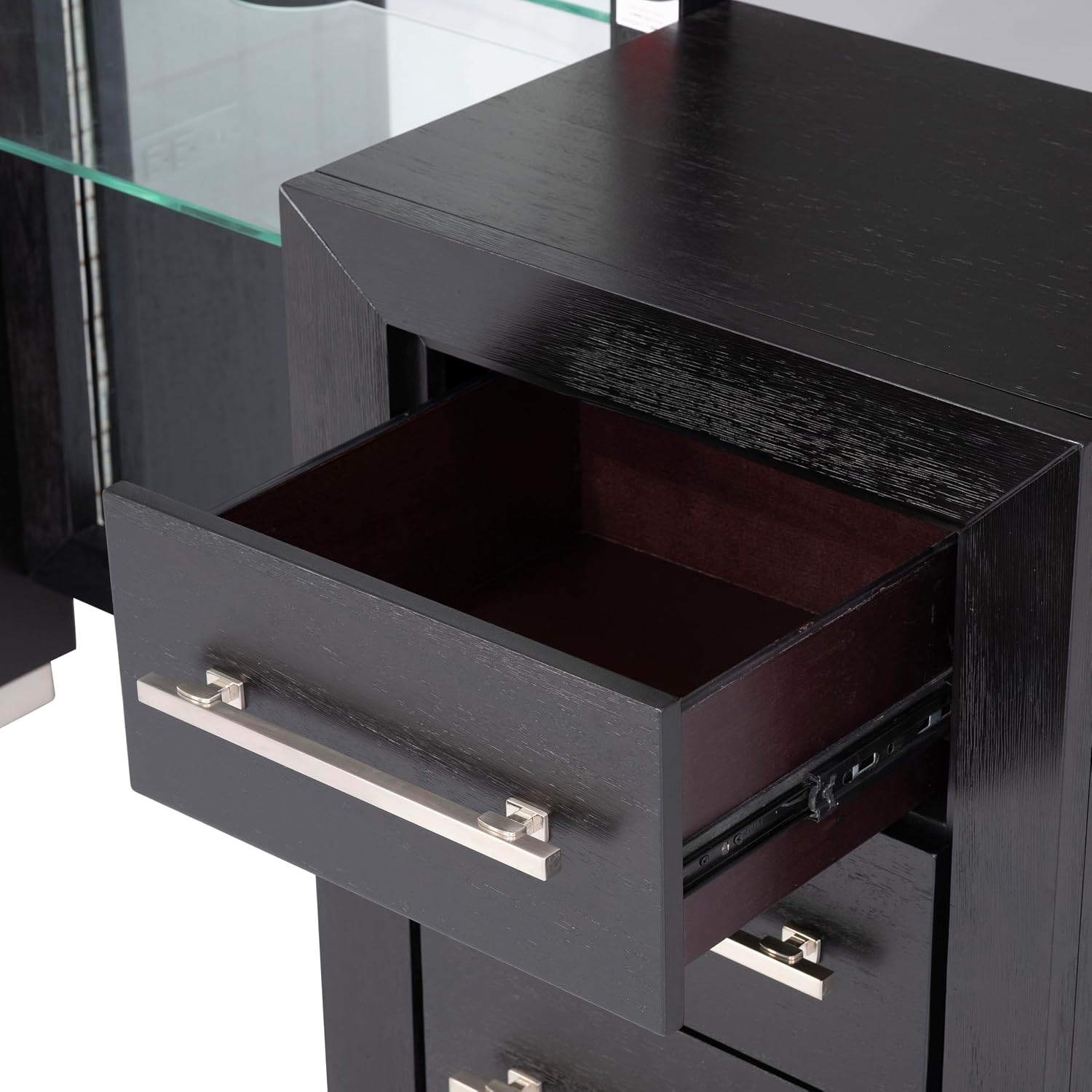 Furniture of America Lyle Modern Solid Wood 6-Drawer Makeup Vanity Set with Storage Stool and LED Full-Length Mirror, Wooden Dresser with USB Ports and Power Outlet for Bedroom, Guest Room, Black