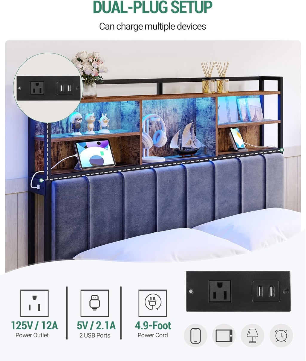 Hzuaneri Headboard with 3-Tier Storage Shelves, Velvet Upholstered Head Board with 2 Outlets, USB Ports & LED Light, Soft Backrest for Queen Size Bed, Rustic Brown and Black BH15201BV1